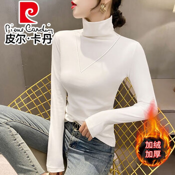Pierre cardin german velvet turtleneck bottoming shirt for women with velvet thickening 2025 new autumn and winter v-shaped white long-sleeved t-shirt women's top white s under 86 pounds