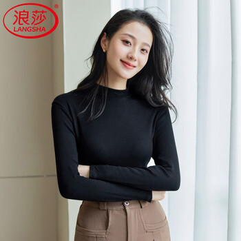 Langsha threaded stand-up collar long-sleeved women's spring and autumn thickened brushed simple elastic inner solid color slim-fit kapok bottoming shirt