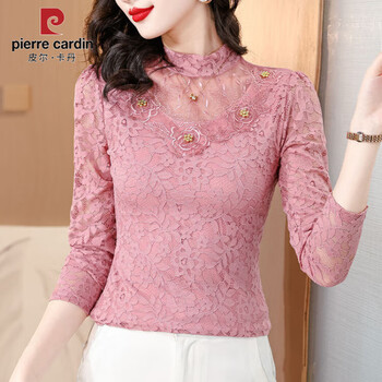 Pierre cardin sexy hollow bottoming top for women 2025 autumn and winter new style versatile velvet thickened warm top long sleeve 2025 pink no velvet m 90-104 jin