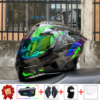 Orz motorcycle helmet bluetooth reveal helmet men's and women's double mirror four seasons motorcycle half full cover helmet universal all seasons 3c certification black and green earl color mirror + color tail + y10 bluetooth xl