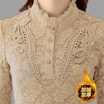 Shiyada lace warm bottoming shirt women's 2025 new autumn and winter half-turtle collar long-sleeved t-shirt fashionable small shirt top khaki xl recommended 110-120 catties