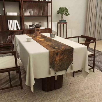 Yusenyi new chinese tea banquet table flag long tea table cushion dining table coffee table cover cloth sideboard cupboard flag tianqi lotus cotton and linen trapezoidal tassel 35x130cm (applicable tabletop length 8090cm)