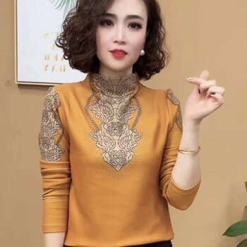 Autumn and winter new fashionable half turtleneck printed bottoming shirt, fashionable and versatile, slim fit plus velvet, age-reducing women's top, yellow 3xl (120-130 pounds)