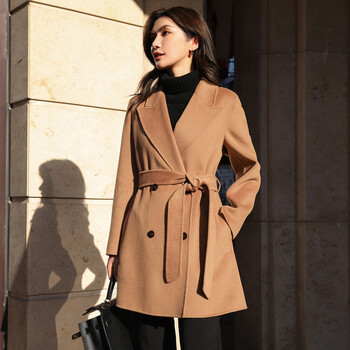 Yuerong 2025 new style gun lapel double-breasted double-sided cashmere coat for women, fashionable and versatile slim wool double-sided woolen coat, camel m (105-115 catties)