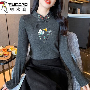 Woodpecker thickened velvet long-sleeved embroidered top for women new chinese style german velvet printed t-shirt winter chinese style stand collar bottoming shirt gray butterfly flower m recommended within 100 pounds