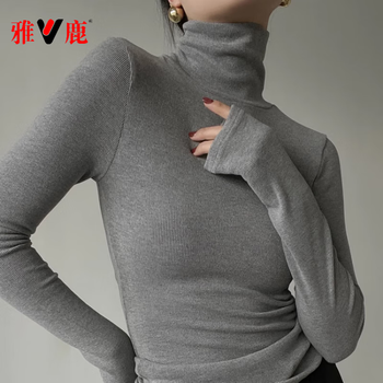 Yalu autumn and winter high collar western style threaded long sleeve t-shirt women's pile collar brushed top tight warm inner bottoming shirt spring gray xs