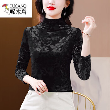 Woodpecker (tucano) brand black gold velvet bottoming shirt for women autumn and winter 2025 new t-shirt half turtleneck thickened velvet mulberry silk black (spring and autumn) m