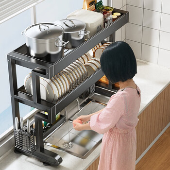 He jiagong 304 stainless steel sink storage rack thickened drain rack household dish storage rack (upgraded thickened - single layer 66cm gun gray main rack + knife holder + anvil