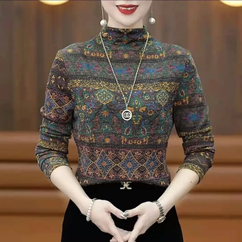 Yu yixiang half turtleneck bottoming shirt for women 2025 autumn and winter new long-sleeved large size loose printed western style t-shirt inner top, retro color xl 120-140 catties