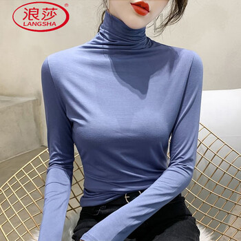 Langsha (langsha) blue modal turtleneck bottoming shirt for women new 2025 autumn inner thin slim fit versatile pile collar top blue modal #slim fit versatile m 90-100 pounds