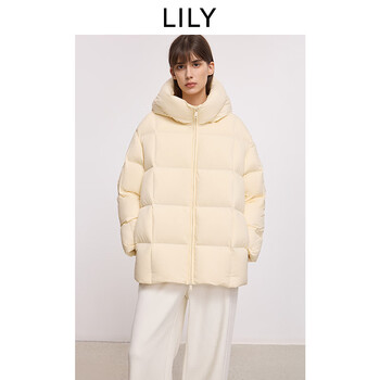 Lily three-proof goose down jacket lily 2025 winter new fluffy hooded loose commuting solid color puff down jacket for women 203 goose yellow s