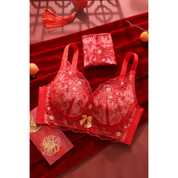 Modal retro wedding zodiac year big red underwear women's upper thin thick bottom push-up embroidered bridal bra set wish all things come true red suit one size 34/75 ab tong cup thin top thick bottom x