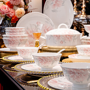 Junwu jingdezhen bone china tableware complete set of underglaze colored ceramic bowl set light luxury bowl and plate combination household housewarming gift golden age beauty underglaze color color box pack practical configuration for 10 people 56-piece set