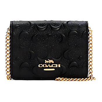 Coach 10 classic presbyopia embossed flip chain cowhide wallet shoulder crossbody bag mini women's black basic pack (bag + dust bag)