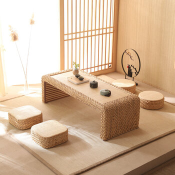 He jiagong rattan tatami coffee table balcony table tea table simple low table japanese-style low table home floor combination small table extra large 120*50*38cm+4 round piers with seating surface fully assembled