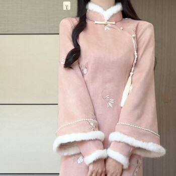 Sakenmao matcha 2025 winter velvet thickened improved cheongsam plush collar warm lady new chinese style dress yingying cheongsam embroidered velvet thickened m