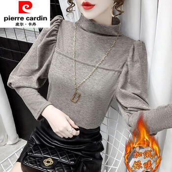 Pierre cardin brand velvet thickened half turtleneck bottoming shirt for women, fashionable and stylish new autumn and winter puff sleeve top long-sleeved t-shirt khaki thickened l