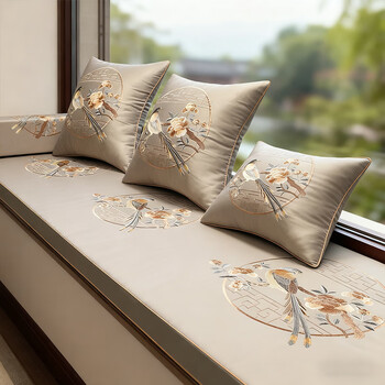 Nest new chinese style bay window cushion can sleep cushion high-end luohan mattress customized bedroom window sill seat cushion birds and flowers fragrance ash high-precision fabric customized photoshoot link private photoshoot not posted