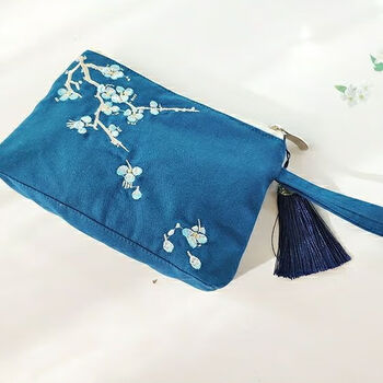 Zhuangyun (zhuangyun) simple and cute ancient style canvas bag zipper embroidery coin purse hand bag female small fresh retro female key bag blue green plum