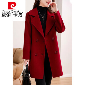 Pierre cardin red double-sided velvet coat for women 2025 new autumn and winter mid-length small slim woolen coat red (single-sided woolen outer) m recommended 95-105 catties high quality within 95-105 catties