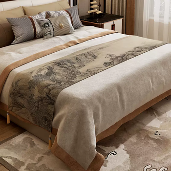 Yusenyi new chinese style ink landscape painting bed flag bedside towel bedroom bedding hotel atmosphere bedside towel bed cover xishan travel map four-corner tassels hemp feeling 50x180cm1.2m bedside towel
