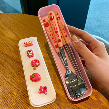 Miling strawberry 304 stainless steel children's chopsticks spoon set student cute tableware portable three-piece fork set for one person 304 strawberry (spoon, chopsticks and fork) + strawberry pattern box