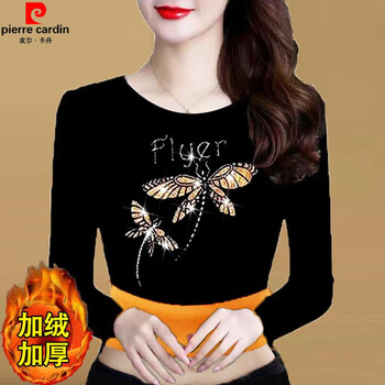 Pierre cardin thickened velvet and diamond long-sleeved t-shirt for women in autumn and winter gold velvet round neck top to cover the belly middle-aged mother's bottoming shirt 5221# dragonfly dancing gold velvet plus velvet thickened xl recommended 105-120 pounds