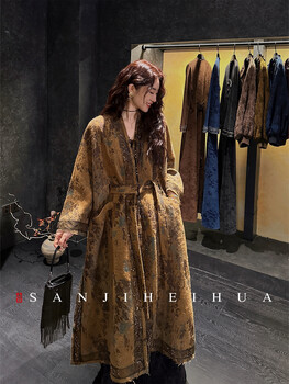 Sanji black flower folded waist new chinese style gold jacquard heavy wool worker coat chinese style woolen coat mid-length tao huang s