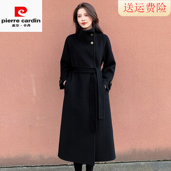 Pierre cardin black stand collar double-sided cashmere coat women's mid-length korean hepburn style lace-up wool wool coat black m