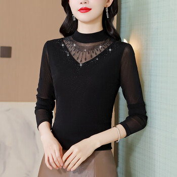 Chuangqipan clothing 50% off bottoming shirt half turtleneck for women 2025 autumn and winter new style plus velvet and thickened mesh hot diamond dress to cover the belly black m - large size within 100
