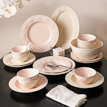 Modern housewife tableware 2025 new french bowl engagement wedding gift plate chopsticks bowl set home warm 4-person food gift box mixed color 25-piece set (fish plate soup bowl configuration)