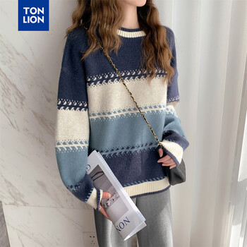 Tangshi 2025 autumn women's round neck color blocked wide striped pullover sweater age-reducing versatile korean style casual fashion