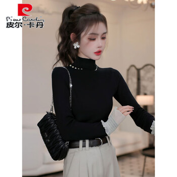 Pierre cardin french beaded half turtleneck bottoming shirt for women 2025 new autumn and winter inner t-shirt pure lust style top black s recommended 80-98 pounds