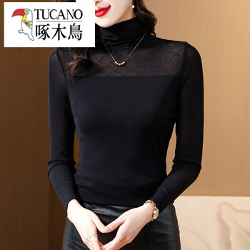 Woodpecker (tucano) black lace turtleneck bottoming shirt for women 2025 new autumn and winter slim and fashionable long-sleeved t-shirt inner top black (no velvet) l