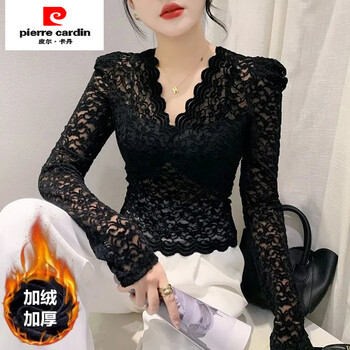 Pierre cardin velvet thickened v-neck lace shirt for women autumn and winter new style hollow western style warm inner long-sleeved bottoming shirt top black velvet thickened 2xl recommended 135-150 pounds