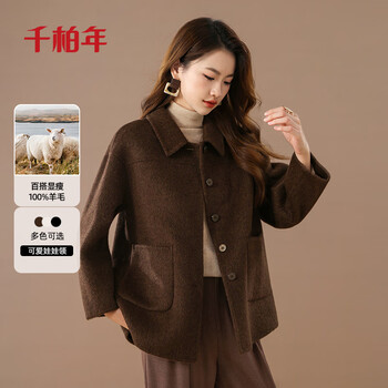 Qianbainian 100% sheep wool double-sided wool coat for women autumn and winter new small lapel single-breasted mid-length coat coco l