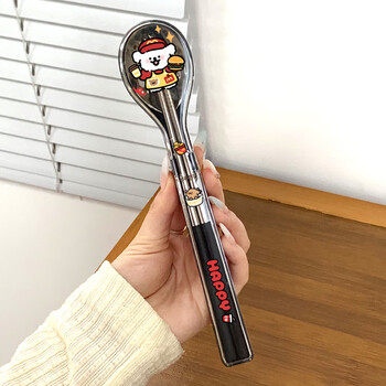 Shijanu stainless steel portable chopsticks and spoon set portable tableware two-piece set for office workers and students cute cartoon tableware stainless steel chopsticks and spoons black-mcdonald's line dog