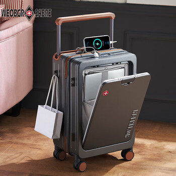 Weobgr saber swiss army knife double-layer explosion-proof zipper suitcase 20-inch boarding case, front-opening business travel trolley case 24-inch, high-end gray, double-layer explosion-proof zipper + front-opening design + fast charging interface, 20 inches, can hold a 15.6-inch computer - travel for 3-7 days