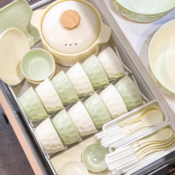 Yichen underglaze color dish set for home use 2025 high-looking cream style tableware set high-looking dishes and chopsticks for housewarming 80% of customers choose milk yellow and green mix for 10 people 63-piece set