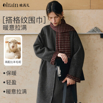 Olrain women's winter contrast plaid wool double-sided woolen coat loose long woolen coat red plaid m