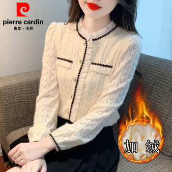 Pierre cardin plus velvet and thickened french style lace shirt for women 2025 autumn and winter new style foreign style shirt versatile temperament top trendy apricot (full body plus velvet) thickened m 85-105 pounds