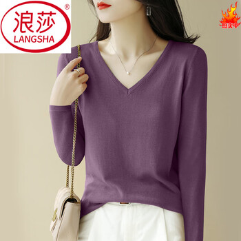 Langsha autumn and winter thickened brushed v-neck long-sleeved bottoming shirt for women 2025 new modal inner slim fit warm t-shirt top purple (thin-style) 2xl recommended 140-160 pounds