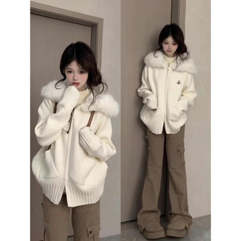Cantu korean style trendy hooded fur collar sweater coat for autumn and winter lazy style knitted cardigan sweater loose top off-white knitted jacket l recommended 106-115 pounds