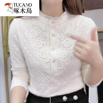 Woodpecker (tucano) autumn and winter velvet bottoming shirt women's lace 2025 new warm long sleeve slim fit inner style style shirt 721z (fleet thickened) xl 100-115