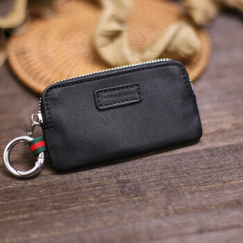 New model of mini compact genuine leather universal car key bag, personalized and creative home key cover, simple access control card bag, black fine lines