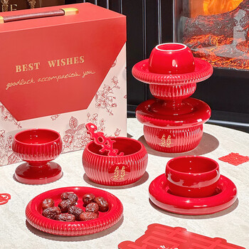 Xibaisheng wedding tableware set gift box for the newlyweds chinese style high-end red bowls and plates as a wedding and engagement gift for the bride festive red tableware 12-piece gift box set 1994