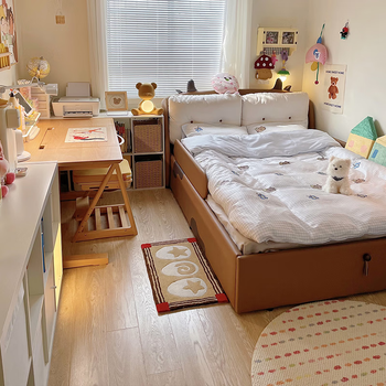 Kaxiti cow island children's bed storage high box 2025 new boys and girls princess bed with guardrails air pressure white brown-including soft guardrails high box bed 1200mm*2000mm