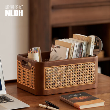 Nalandohao desktop storage box miscellaneous snack storage box cosmetics storage box desk storage rack solid wood rattan storage basket rattan storage basket - small size