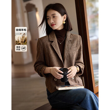 Demana zhiqu elite autumn fragrant style sheep wool lapel double-breasted pleated waist women's blazer