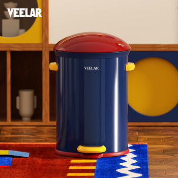 Veelar dopamine style trash can for living room and household internet celebrity 2025 new kitchen and bathroom creative cute paper basket with lid 8l-capri blue (red lid)